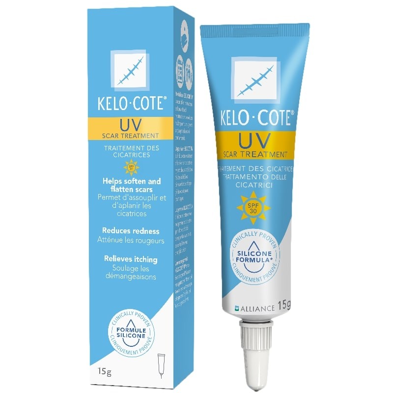 Kelo-cote® SOLAIRE SPF30 plaster silikonowy w żelu do leczenia blizn na twarzy z filtrami UVA/UVB – 15g